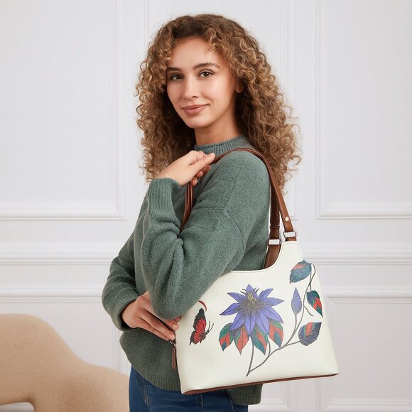 Genuine Leather Printed Shoulder Tote Bag for Women–Top Handle Handbag Daily Use - Picture 2 of 9